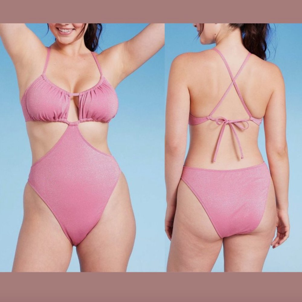 NWT $32 Wild Fable [ Medium 8/10 ] Cut Out One Piece Swimsuit in Pink Lurex 5846